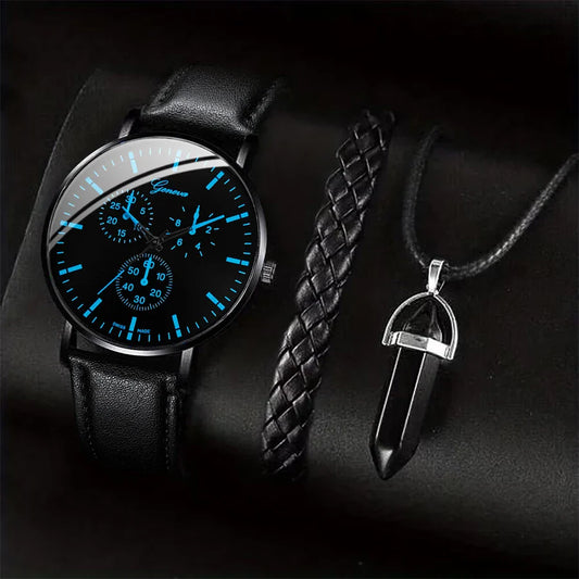 3-Piece Men's Business Casual Quartz Watch Set with Leather Strap, Necklace & Bracelet — 41mm (1.61 in) Case