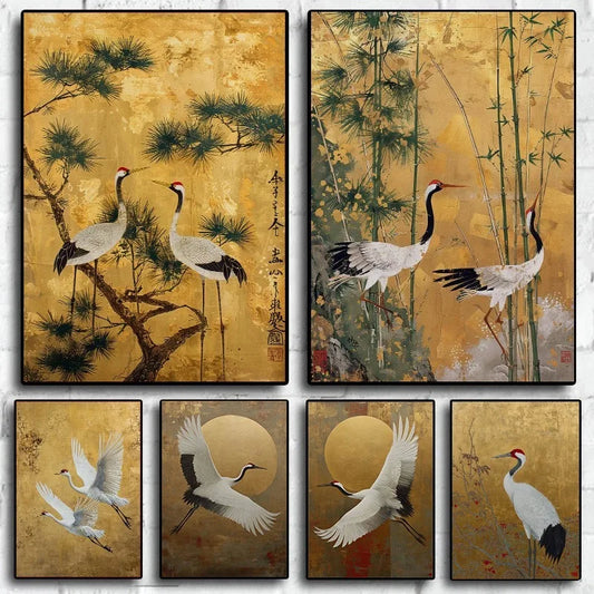 Japanese Elegant Flying Cranes in Gold Poster Flying Cranes in Gold