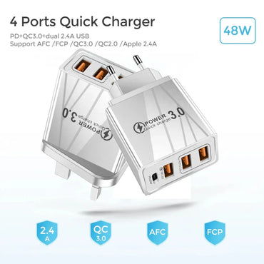 48W USB-C PD Fast Charger — QC 3.0 Wall Charger with EU/US Plug, Universal for Smartphones & Tablets