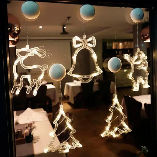 Battery-Operated Christmas LED Snowflake & Santa Hanging Window Ornaments – Warm White Holiday Decor