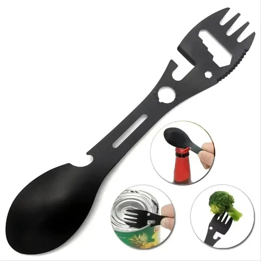 Lightweight Pocket Multifunctional Camping Utensil Stainless Steel Fork & Spoon with Bottle Opener and Wrench