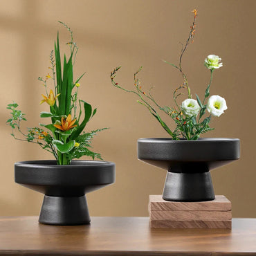 Retro Ceramic Vase Black Plant Vase FlowerPot Ornament Tabletop Plants Home Bonsai Decor Tabletop Floral Accessories