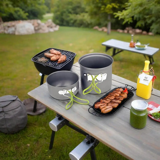 Portable 1-2 Person Aluminum Camping Cookware Set – Foldable Pot, Lid & Utensils