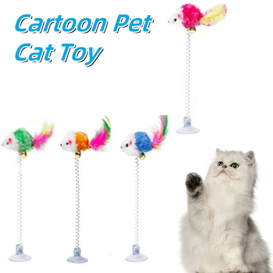 Cartoon Feather Wand Cat Toy with Mouse & Bell — Interactive Teaser Stick for Kittens