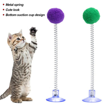 Interactive Cat Teaser Toy with Suction Cup — Fur Ball Spring Wand, Hands-Free Cat Toy (Random Color)