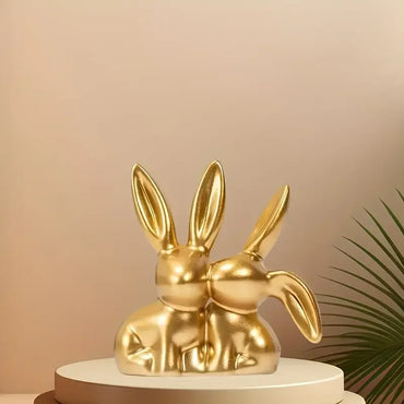 1pc Collectible figurine ,Golden cute double rabbit ornament, creative decorative item for home desktop.