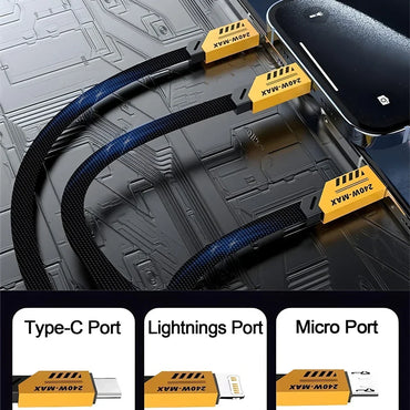 2-in-3 240W Nylon Braided Multiport Fast Charging Cable — USB-A & USB-C Input to USB-C, Lightning & Micro USB