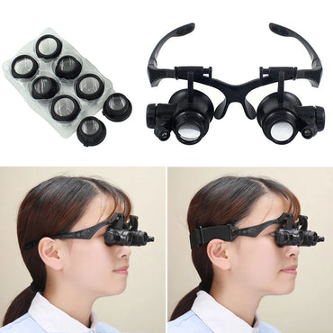 Adjustable LED Headband Magnifier with 10x/15x/20x/25x Interchangeable Lenses — Hands-Free Magnifier for Jewelry Repair, Watchmaking and Reading
