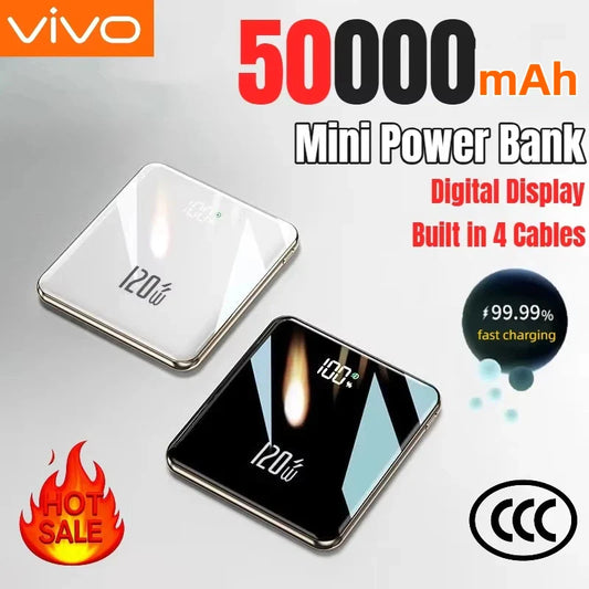 50000mAh Mini Power Bank - Large Capacity Fast Charging Portable Charger with 4 Built-In Cables (USB-C, Lightning, Micro USB) for Smartphones