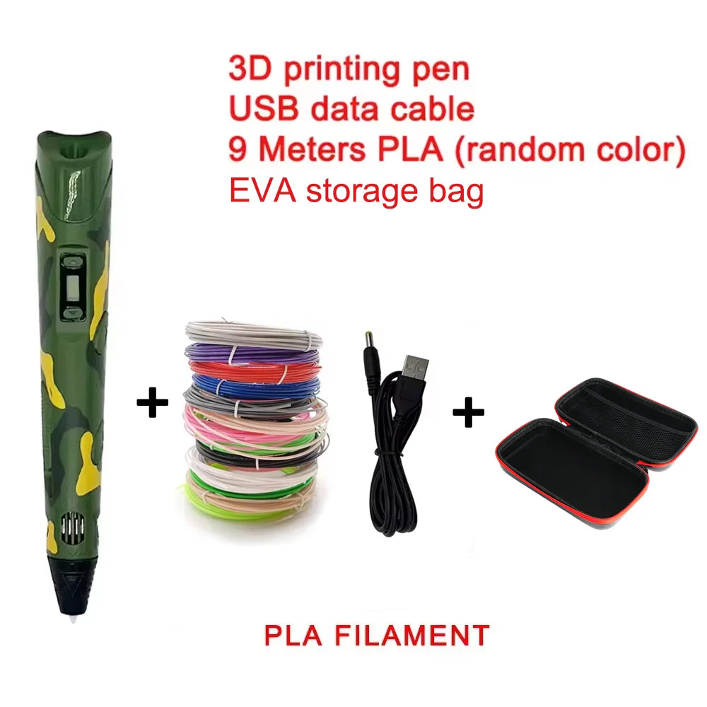 USB Rechargeable 3D Printing Pen with 9M PLA Filament (1.75mm) — Adjustable Speed, 180–220°C Heat, DIY 3D Pen for Kids & Adults