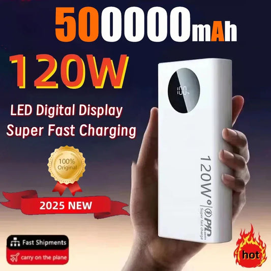 120W Fast Charging Power Bank – 50,000 / 100,000 / 200,000 mAh Portable Charger with Built-In Cable, USB-C & Dual USB, LED Display