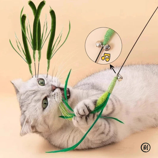 Interactive Feather Wand for Cats – 19.7 in (50 cm) Sage Tail Grass Teaser Stick, Bite-Resistant Sound Toy for Kittens