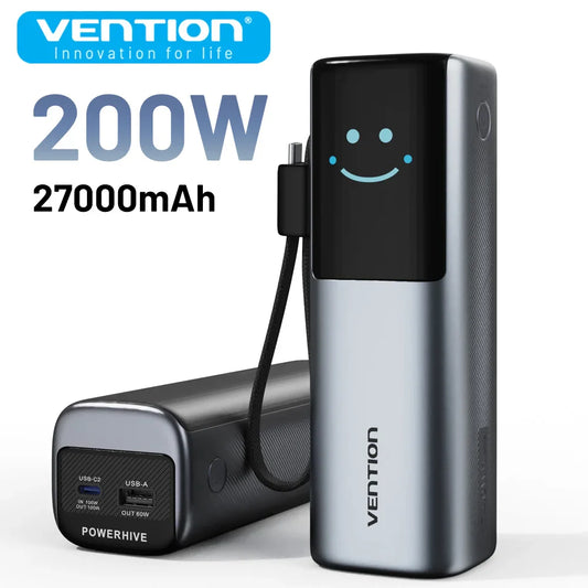 27000mAh 200W PD Power Bank with Built-In USB-C Cable, 100W Input Dual USB-C Laptop Charger