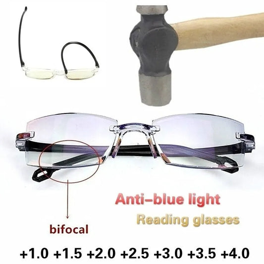 2-Pack Rimless Unisex Bifocal Reading Glasses, Anti-Blue Light Eyewear +1.50 & +2.00