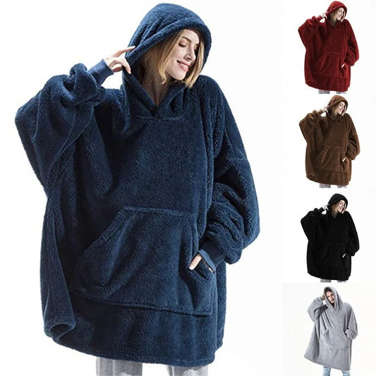 Women's Thick Winter Fleece Hooded Pullover Jacket – Double-Layer Warm Long Hoodie with Pockets