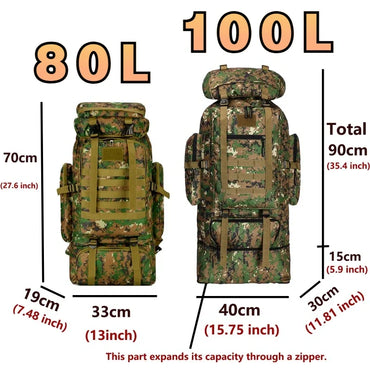 Tactical Mountaineering Backpack 80L / 100L (≈21 / 26 US gal) – Large Hiking, Camping & Travel Rucksack with Molle, Oxford Polyester