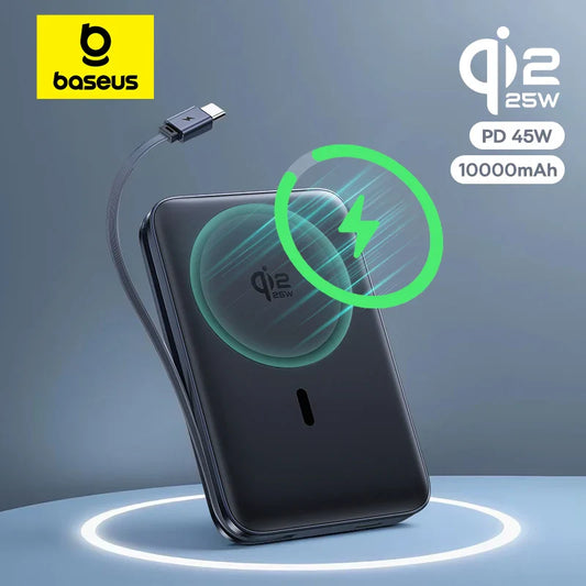 10000mAh 45W Magnetic Wireless Power Bank — 25W Qi2.2 MagSafe-Compatible Portable Charger with Built-In USB-C Cable