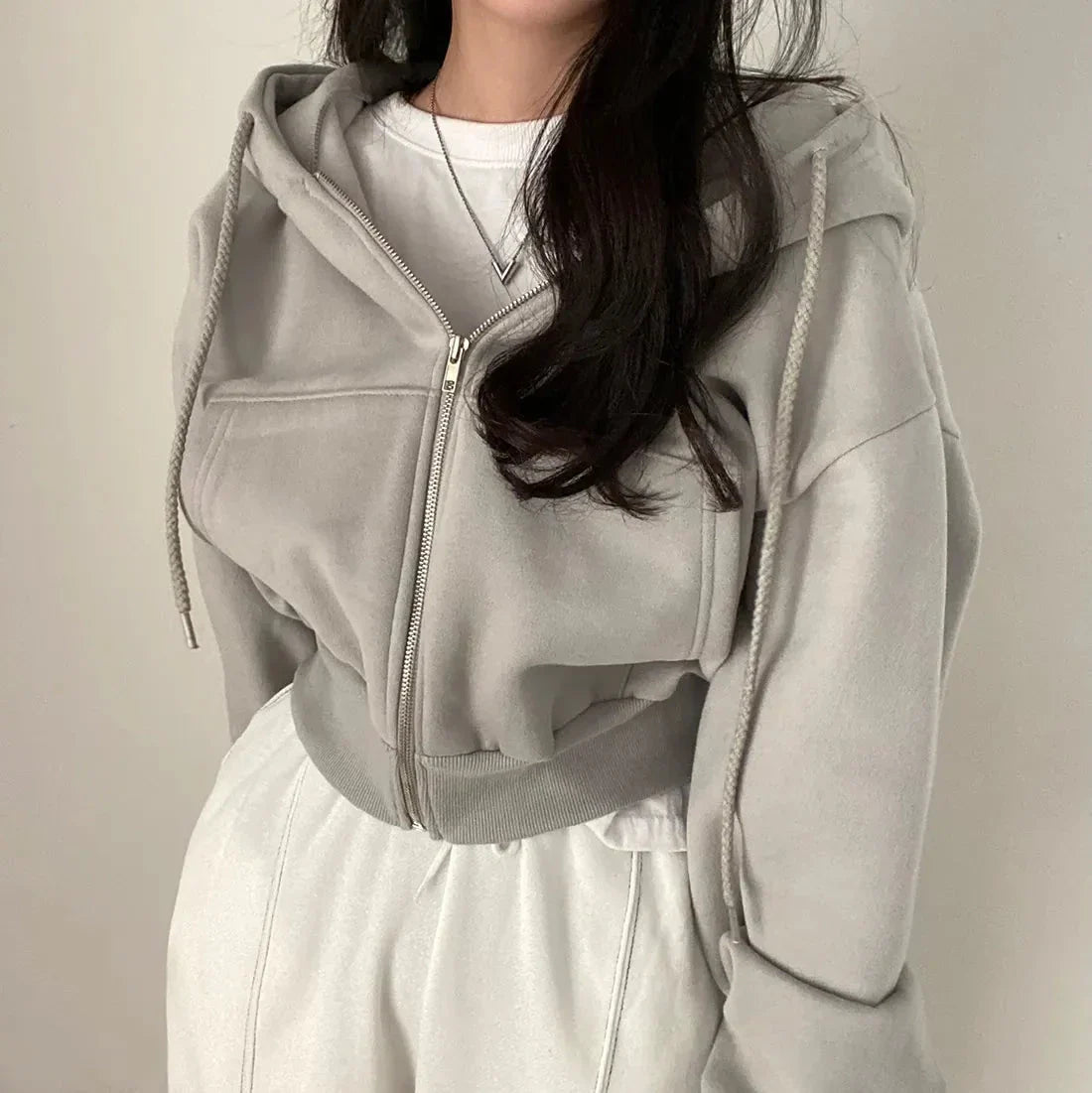 Women’s Y2K Zip Up Hoodie – Solid Color Oversized Crop Sweatshirt with Hood, Harajuku Streetwear Casual Jacket