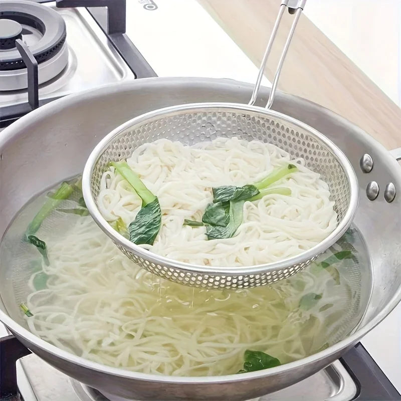 Fine Mesh Stainless Steel Colander Strainer with Wooden Handle – Skimmer Spoon for Pasta, Grease Filtering & Food Prep