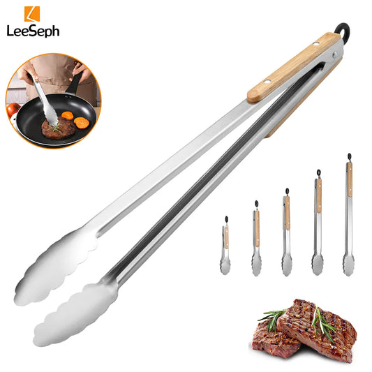 Stainless Steel Grill & Salad Tongs with Oak Handle, Locking Ring, Heat-Resistant — 5 Sizes Available