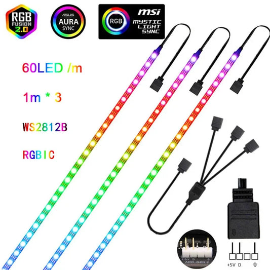 Addressable WS2812b 5V ARGB LED Strip – 3-Pin RGBIC PC Case Light (30/60 LEDs per m, IP30/IP65)