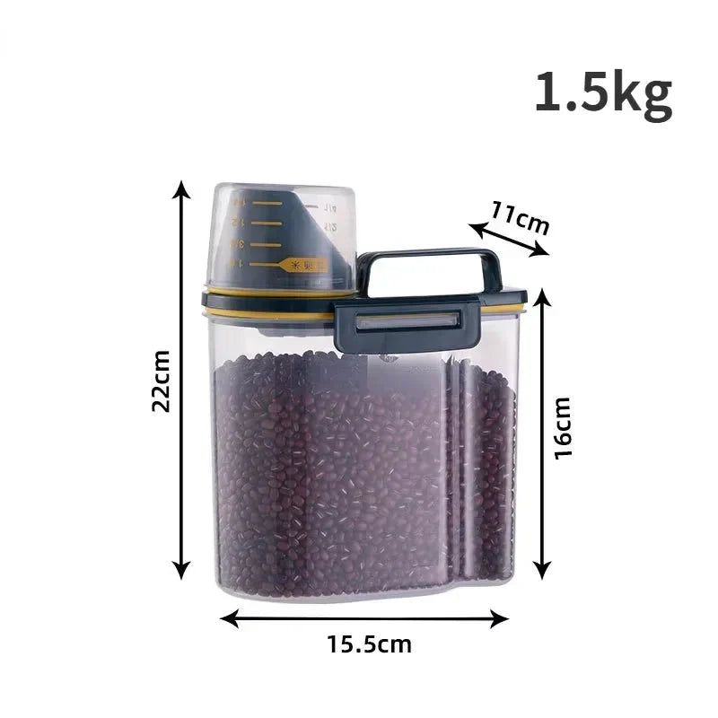 Airtight Pet Food Storage Container with Measuring Cup – 1.5kg/2kg Plastic Dog & Cat Food Pail, Moisture-Proof Sealed Jar