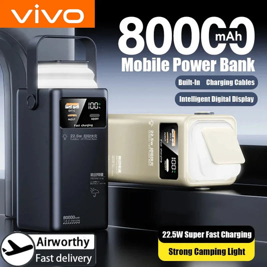 80000mAh Portable Power Bank 120W Max - Built-In Cables & Foldable Flashlight, Large Capacity Emergency Charger for iPhone Samsung