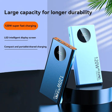 120W Fast Charging Power Bank — Portable Battery 10000/30000/50000mAh with Built-in Cable & LED Display
