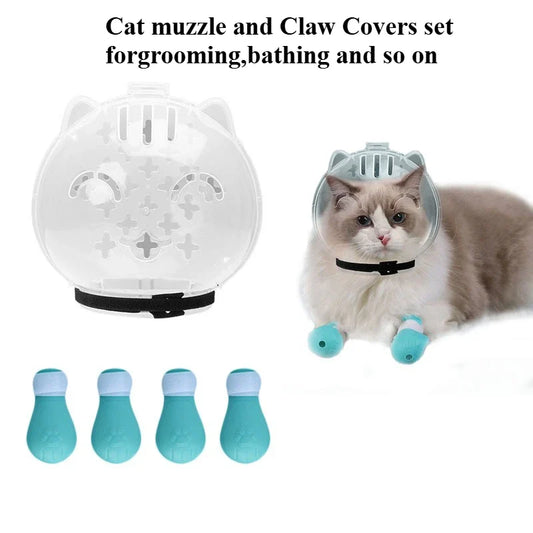 Cat Muzzle & Silicone Paw Boots Set – Breathable Anti-Bite Anti-Lick Grooming Hood for Cats (M / L)