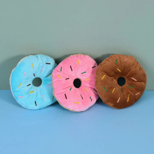 Plush Donut Chew Toy with Squeaker for Small & Medium Dogs - 4.3in (11 x 11 cm) Soft Fleece Puppy Toy