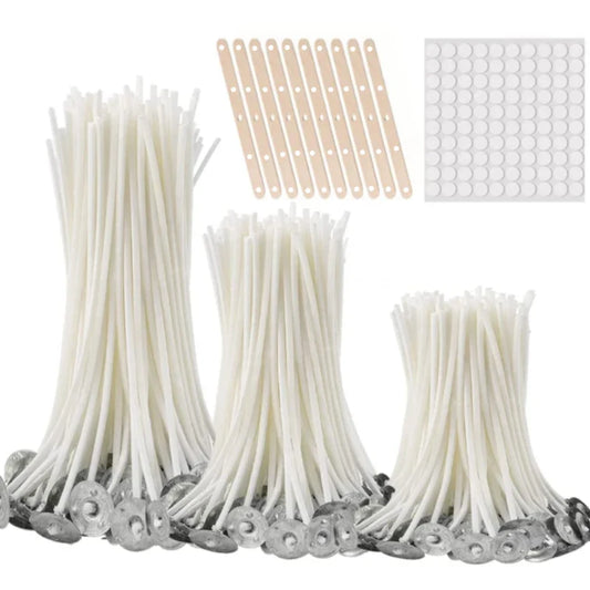 100-Pack Pre-Waxed Cotton Candle Wicks with Metal Sustainer Tabs — 2.5–20 cm (1–7.9 in) Smokeless DIY Candle Making