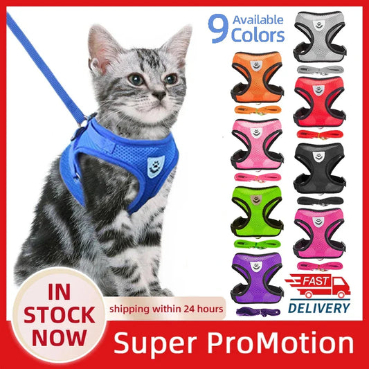 Adjustable Mesh Cat & Small Dog Harness Vest with 1.2m Leash S-XL Breathable Polyester Reflective