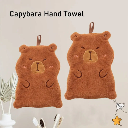 Cartoon Capybara Coral Velvet Hand Towel - Wall-Mounted Absorbent Kids Washcloth & Kitchen Rag, 28 x 34 cm (11.02 x 13.39 in)
