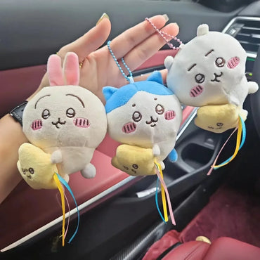 Hachiware Usagi Plush Keychain – Star Hugging Doll Pendant, Soft Hanging Plush Charm for Bags & Backpacks (Bead Chain or Metal Buckle)