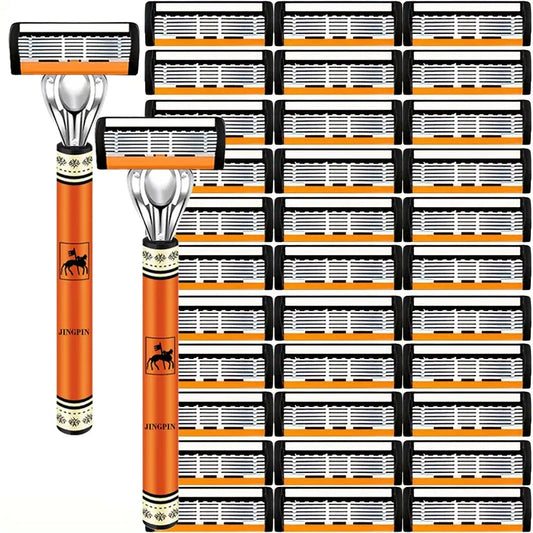 6-Layer Stainless Steel Safety Razor Set for Men - Replaceable Blade Head, Manual Shaving