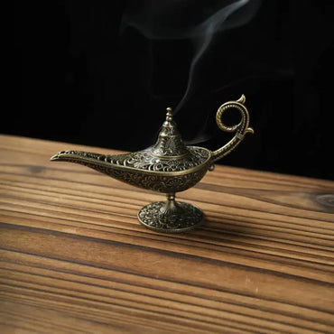 Antique Metal Incense Burner - Aladdin Lamp Style Aroma Diffuser for Home Decor and Air Purification
