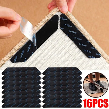 Carpet Non-Slip Corner Grippers 8/16-Pack Reusable Washable Anti-Curling Rug Tape Pads