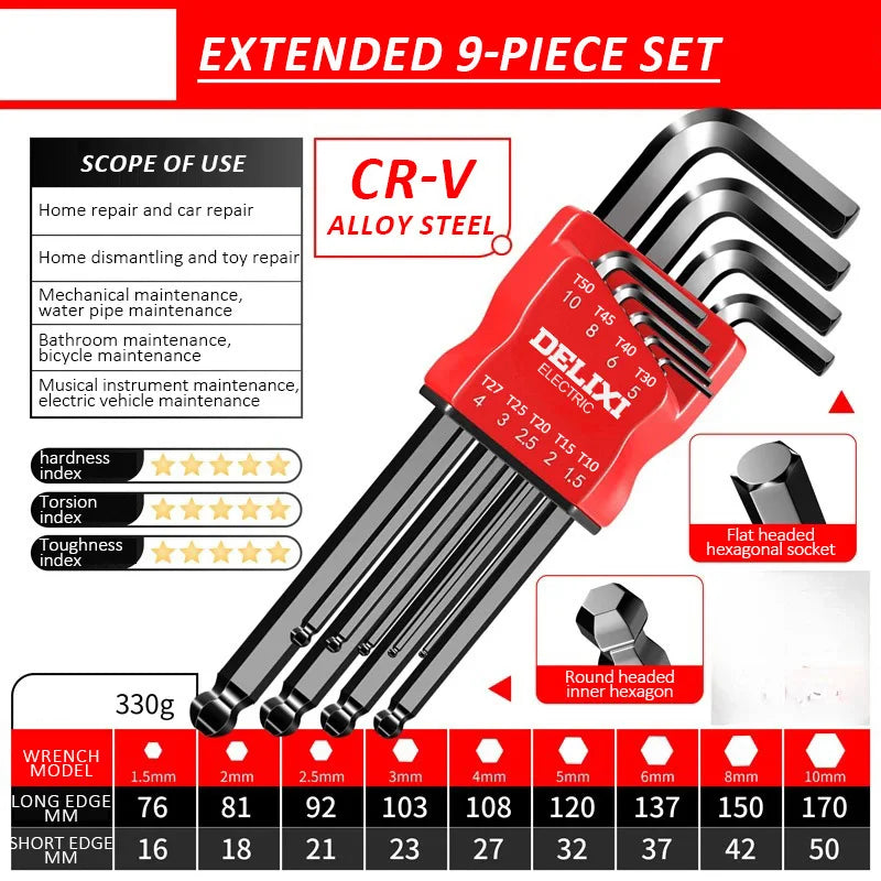 Long Metric Allen Key Set with Sleeve Universal Torque Hex Wrenches & Screwdriver for Motorcycles and Bicycles