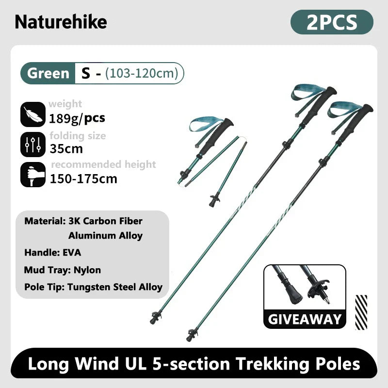 Ultralight Carbon Fiber 5-Section Folding Trekking Poles, Collapsible Quick-Lock Hiking Poles Adjustable 103–120 cm (40.6–47.2 in) or 115–135 cm (45.3–53.2 in)