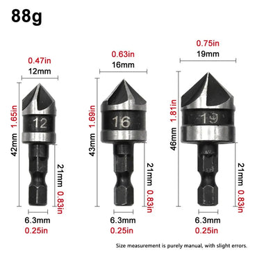 3-Piece 90° Five-Blade Countersink Bit Set - Hex Shank 12/16/19mm (1/4 in / 6.35mm) for Wood