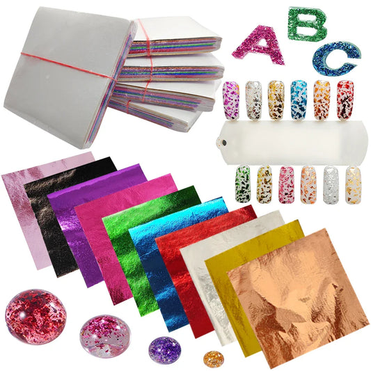 Colorful Gold Foil Leaf Sheets Set - 100 Sheets (10 Colors x 10) for Nail Art, Epoxy Resin, Phone Case & DIY Crafts