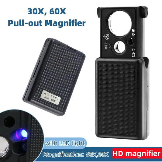 30X/60X Mini LED Handheld Magnifier with UV Light for Jewelry, Coins & Currency Inspection