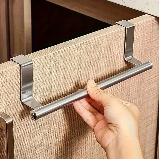 Stainless Steel Over-Door Towel Rack — Non-Drilling Hanging Towel Bar for Bathroom & Kitchen, Single Bar, 9.3/14.4 in (23.5/36.5 cm)
