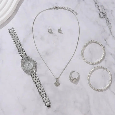 6-Piece Women's Rhinestone Bracelet Quartz Watch Set – Alloy Crystal Wristwatches for Ladies Gift