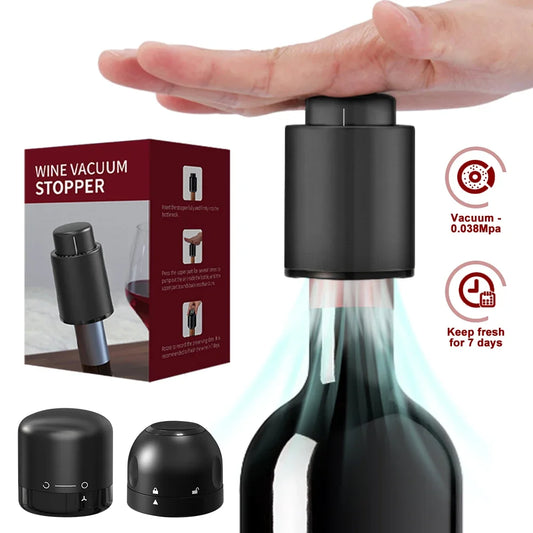 Vacuum Wine Bottle Stopper Pump — 1 or 2-Pack Push-Style Vacuum Seal with Date Marker, Reusable Wine Preserver (Black)