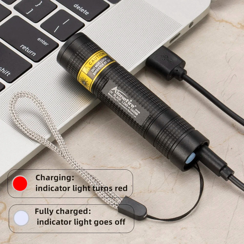365nm UV LED Blacklight Flashlight — USB Rechargeable, Nail Curing & Pet Stain