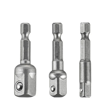 3-Piece Drill Socket Adapter Set 1/4 in, 3/8 in, 1/2 in (6.35, 9.53, 12.7 mm) Hex Shank Square Drive Impact Adapters