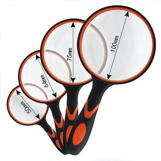 Handheld 10X Magnifying Glass for Kids & Seniors — Non-Slip Shatterproof Lens, 50/65/75/100 mm (1.97/2.56/2.95/3.94 in)