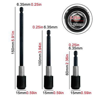 3-Piece Hex Quick-Release Self-Locking 1/4 in (6.35 mm) Extension Bit Holder Set — 60/100/150 mm for Drills & Screwdrivers