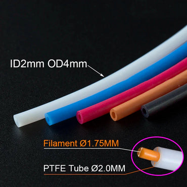 PTFE Bowden Tube for 3D Printers — 2mm ID x 4mm OD for 1.75mm Filament, 1/2/4 Meter Options (J-head & MK8 Compatible)